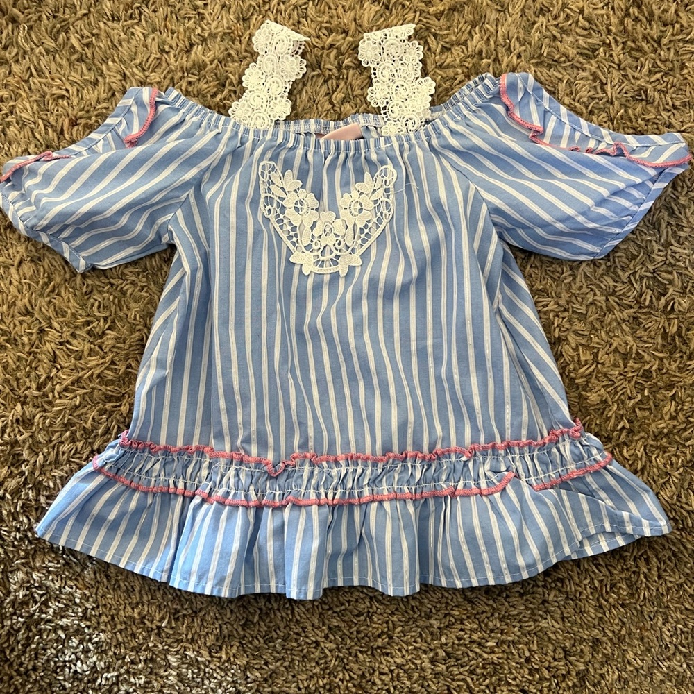 Blue Striped Kids Top with Lace Detail